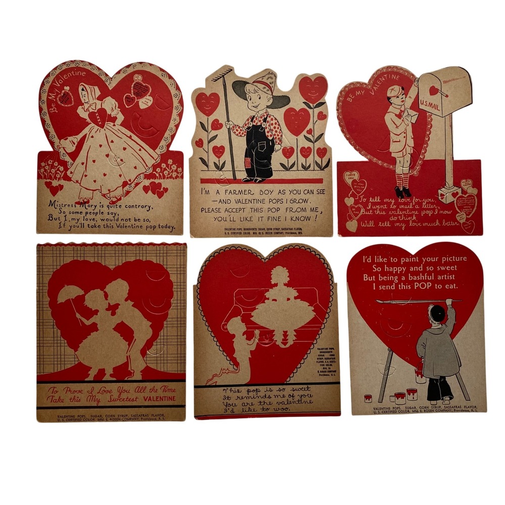 Vintage 1930's E. Rosen Company Valentine Day Lollipop Cards Set 6 Die Cut Paper